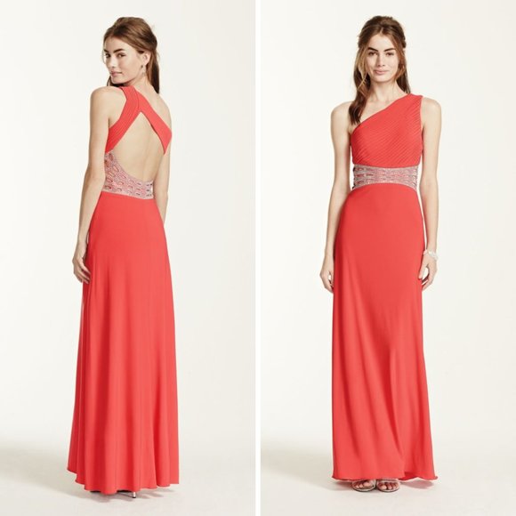 NWT David's Bridal One Shoulder Cut Out Silver Rhinestone Waist Coral Dress 0 - Picture 1 of 9